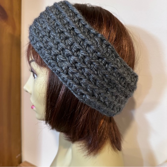 Unisex, chunky charcoal, hand knit, headband/ear warmer band. 4” x 22”. - Picture 6 of 10